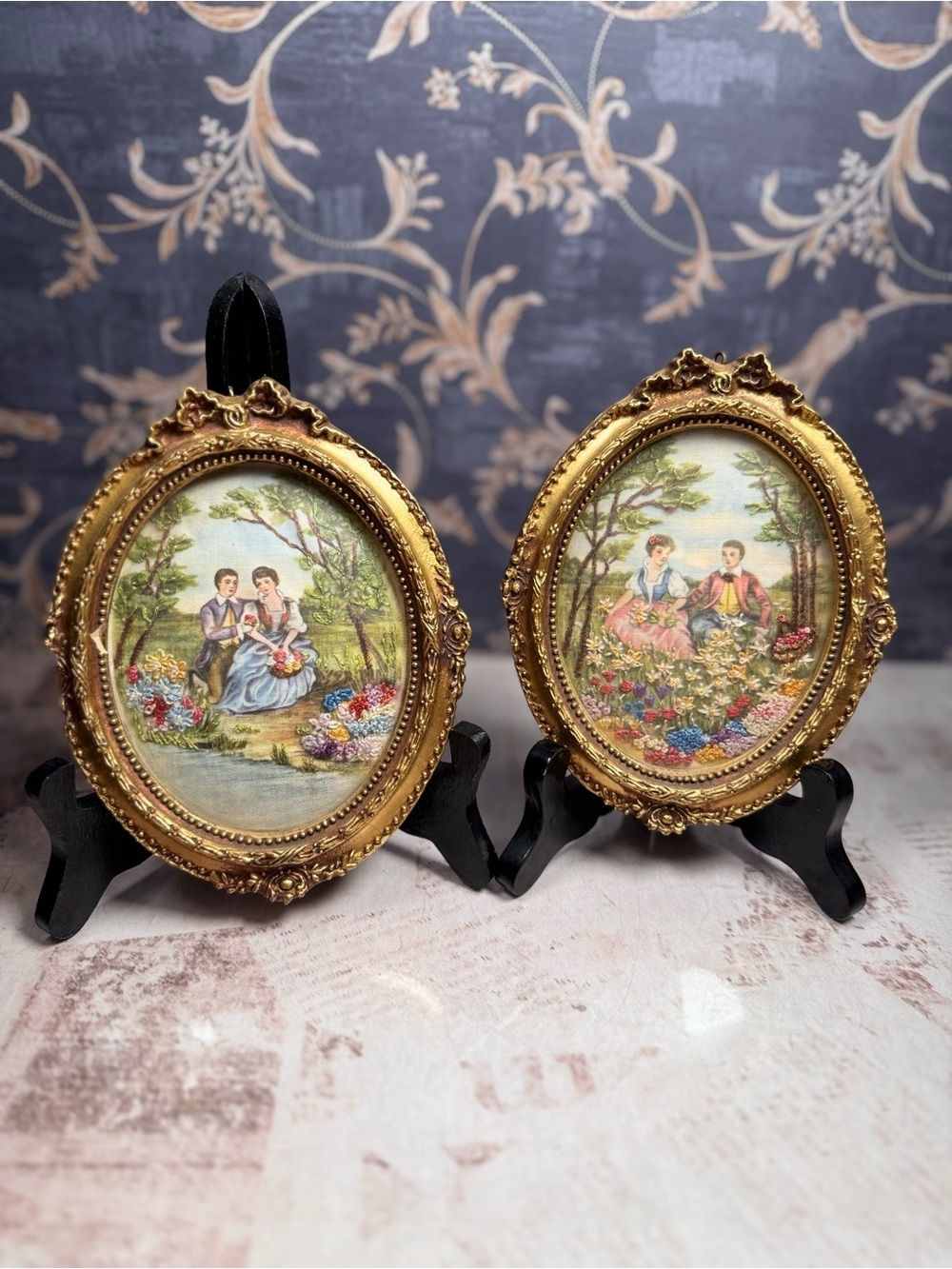 Vintage Courting Couple Silk Embroidery Convex Glass Wall Art Set 2